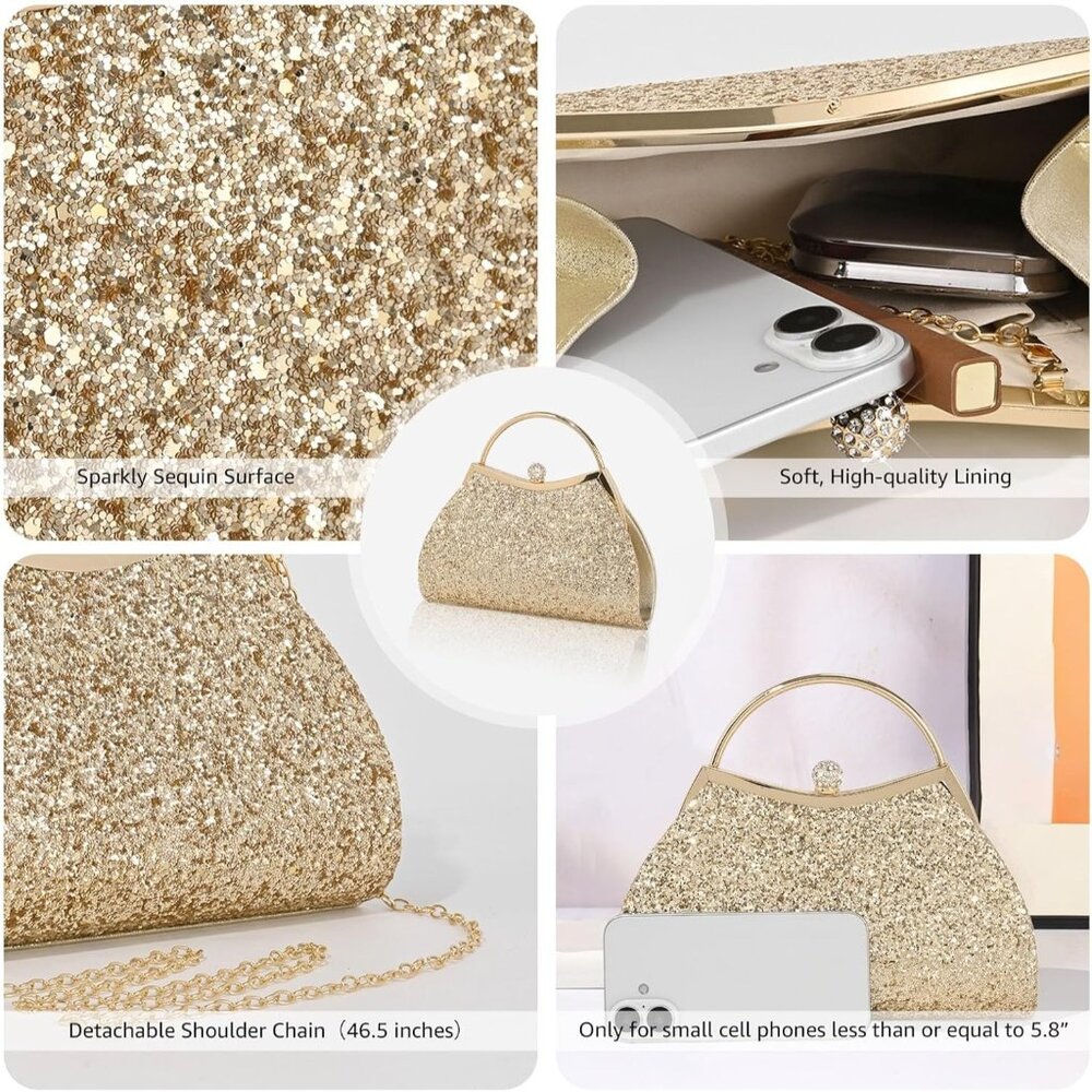 Women's Gold Chain Strap Fashionable Shoulder Sparkly Evening Clutch Bag - Picture 3 of 7